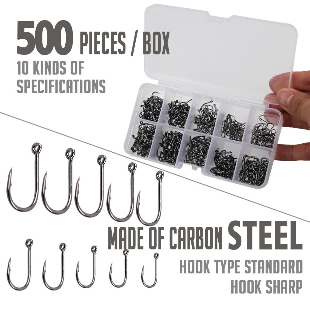 Jual Baja Karbon 500pcs Tinggi Perak Kail Ikan dengan Kotak 3 #~ 12 # Kuat Berduri Kail Pancing Mema