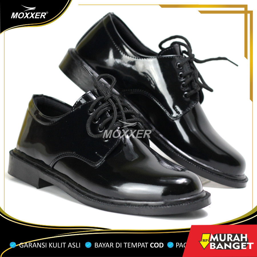 Sepatu pdh- MOXXER Sepatu PDH Kulit Asli Pendek 01 TNI Glossy Oxford Hitam Pria Satpam Security Polr
