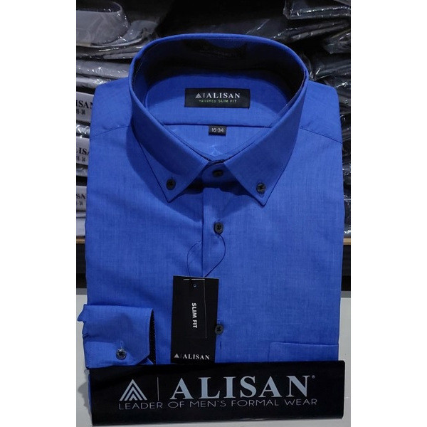 Kemeja Pria ALISAN POLOS NEW SLIMFIT Semi Jeans Biru Lengan Panjang