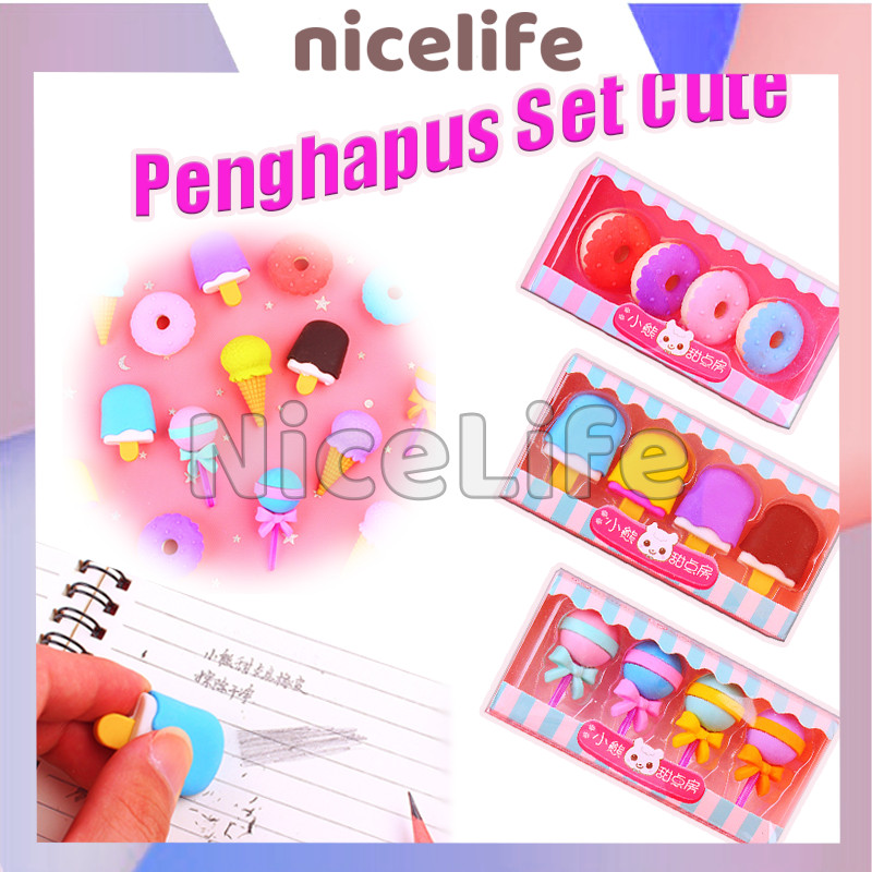 

Penghapus Set Cute Set 4 / Penghapus Pensil Karakter Lucu / Penghapus Pensil Model Ice Cream Donat Lolipop