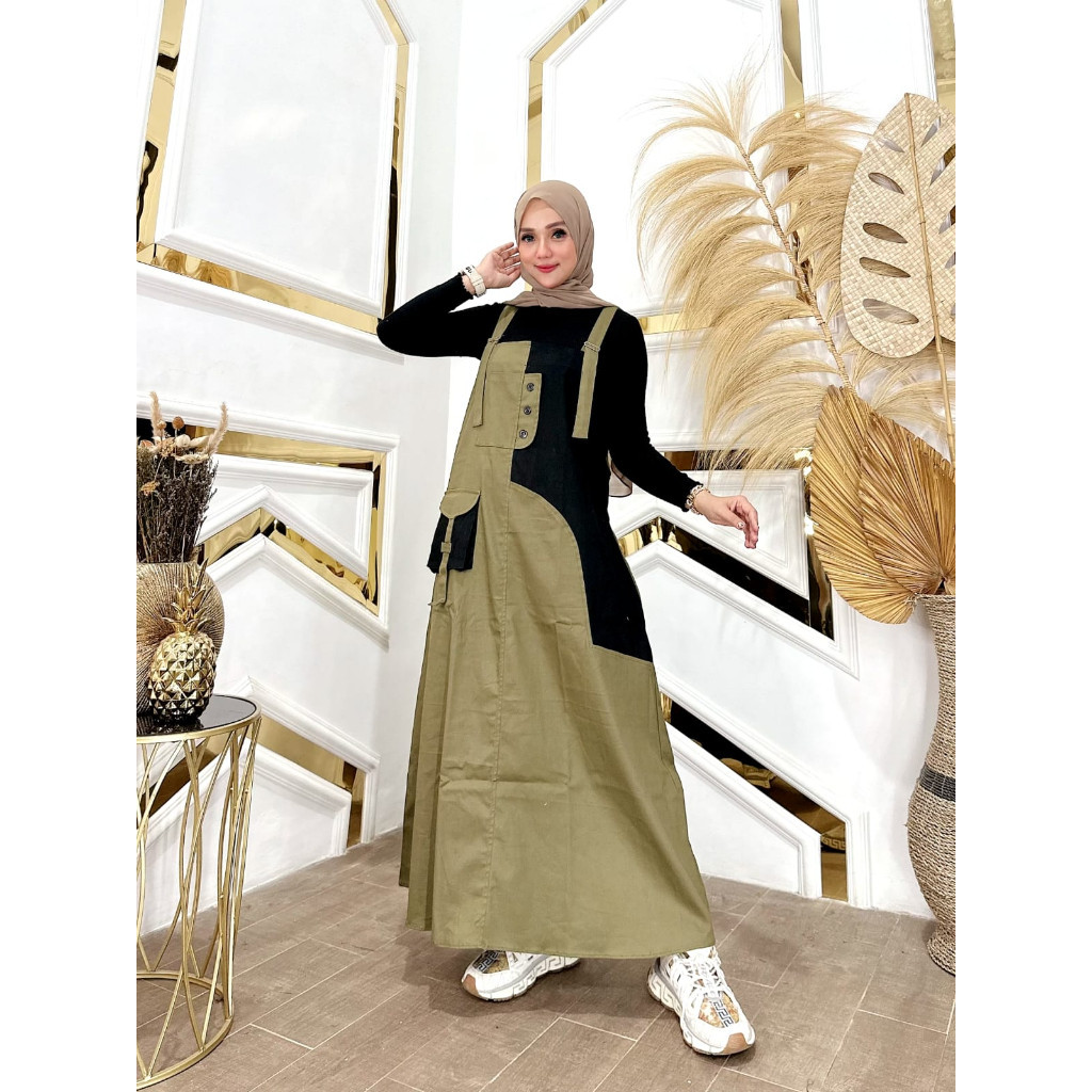 Jinny Overall Cargo Jumpsuit Wanita Terbaru Bahan Katun Import Panjang Maxi Dress Muslim Kekinian//B