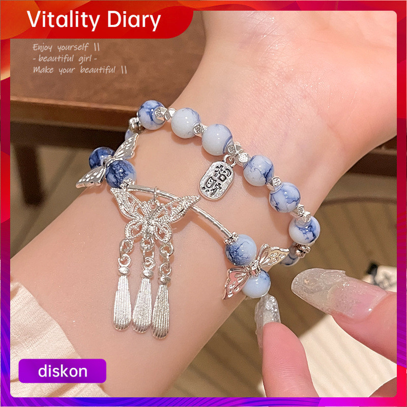 【COD❤️】Gelang Manik Manik Aesthetic Porselen Biru Putih Gelang Rumbai Kupu-kupu Liontin Gelang Fairy