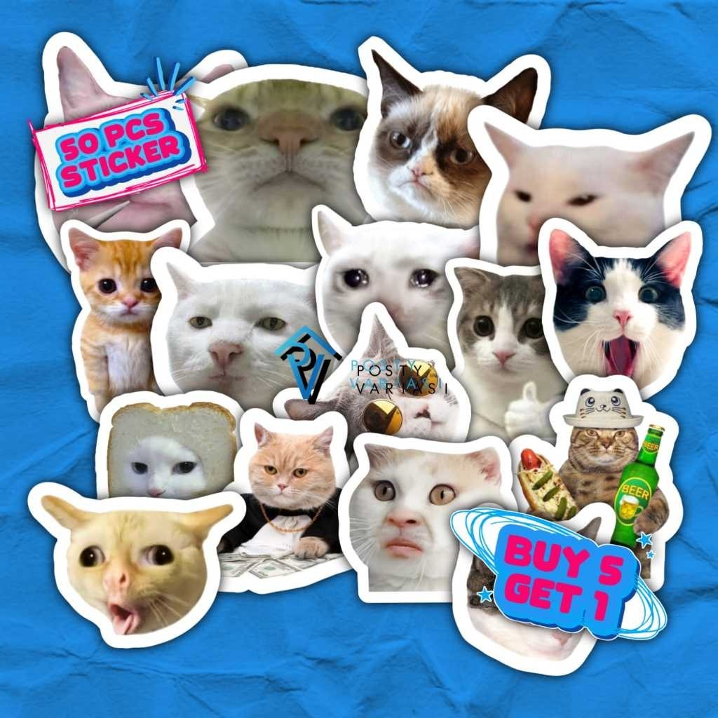 

[50 Pcs] Stiker HP Laptop / Sticker Helm Meme Kucing Lucu Anti Air