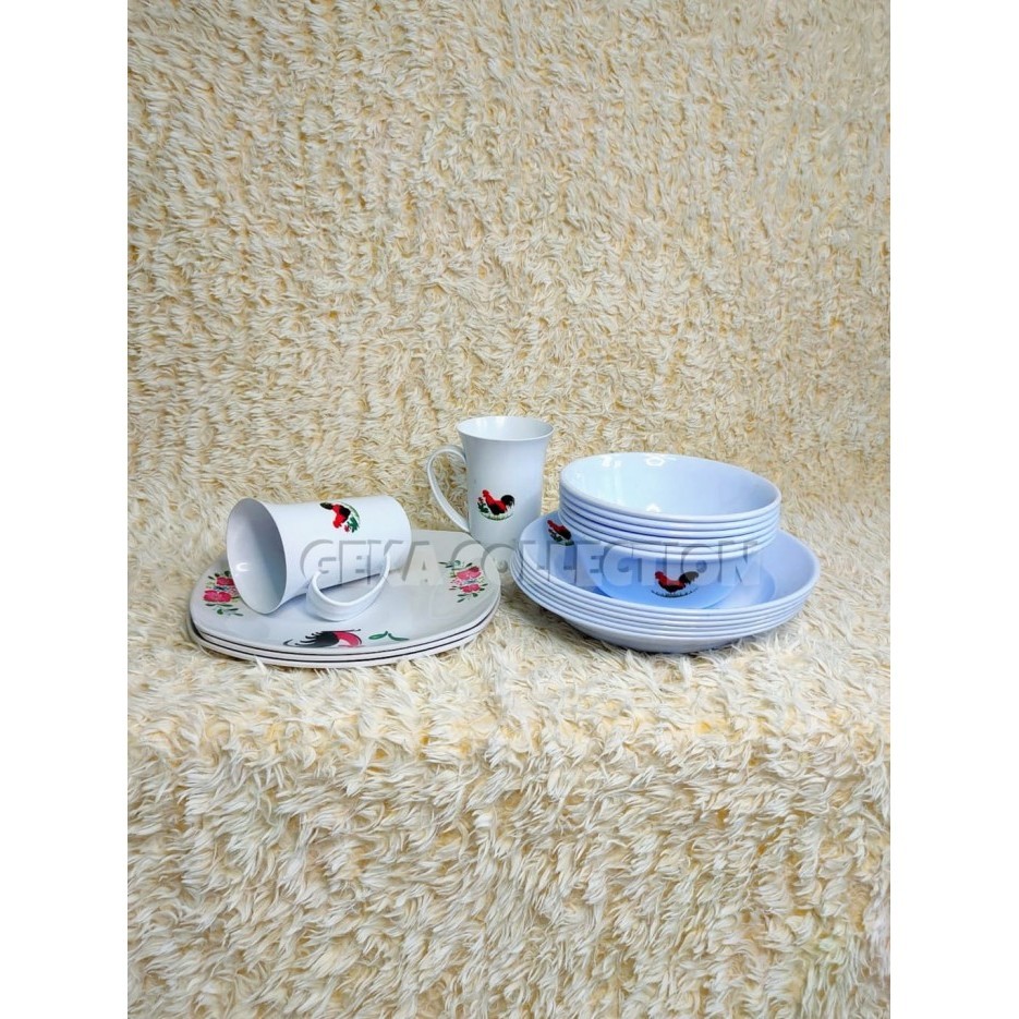 ✨LARIS✨ -SATU SET PIRING + GELAS + MANGKOK BAHAN MELAMIN MOTIF AYAM JAGO CANTIK - Putih, 12 pcs