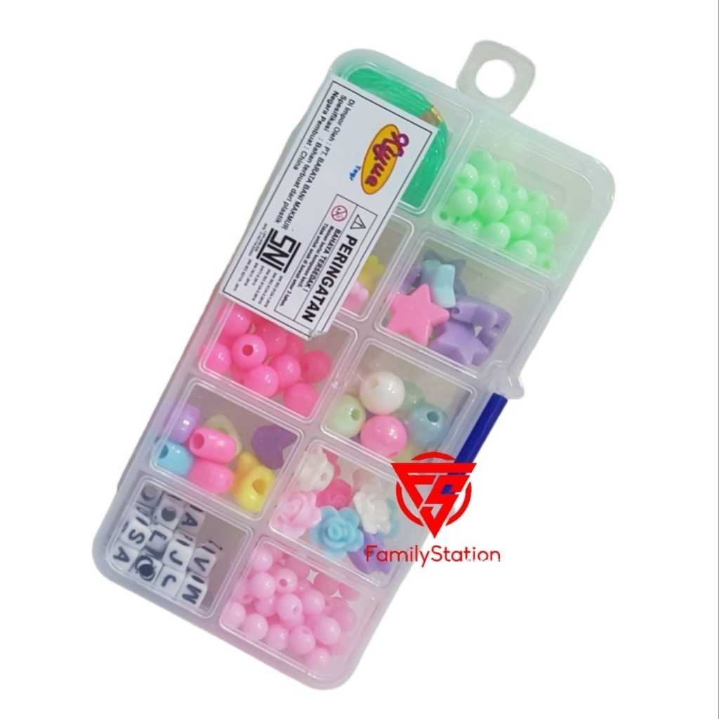 HIASAN MANIK MANIK PERMATA Mainan Kotak Manik Meronce dengan box sekat 10 dan tali gelang kalung