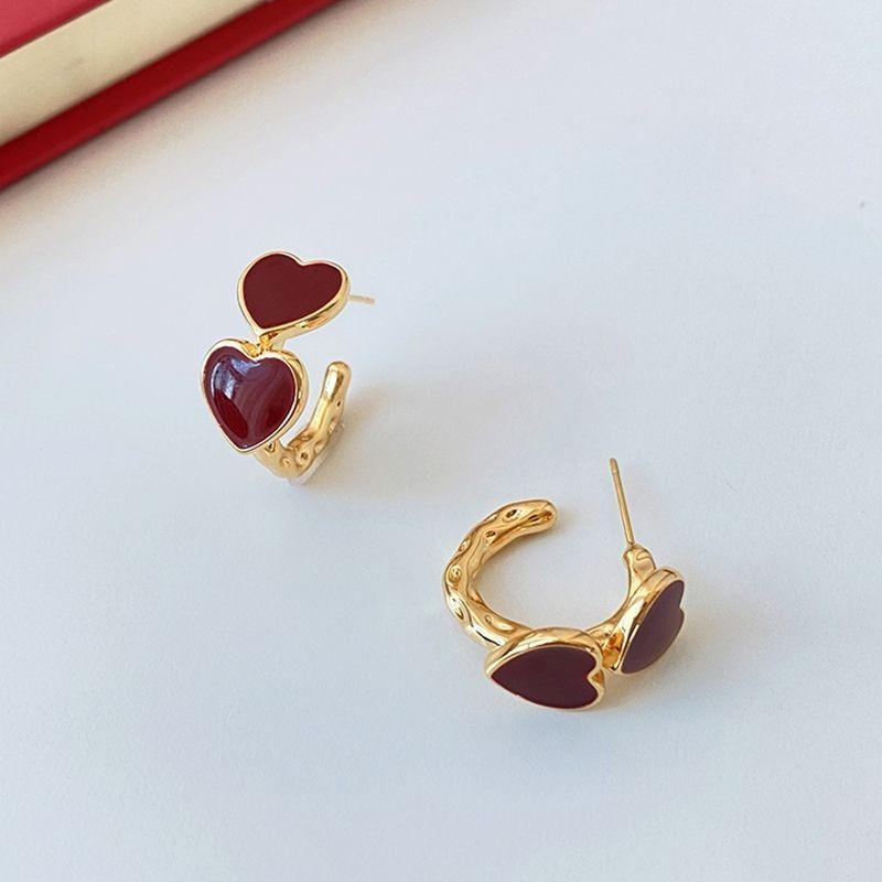 New retro sweet wine red heart-shaped earrings for women