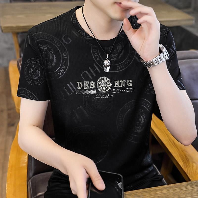 Kaos bunga gelap sutra sutra es berlian panas lengan pendek pria oversize