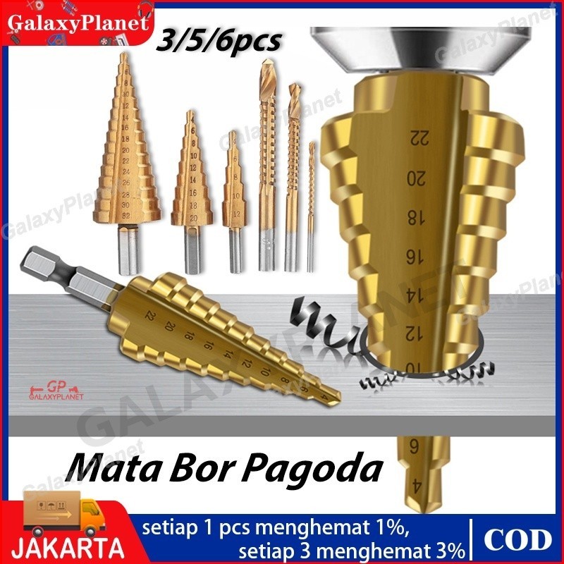 3/5/6 Pcs Alat Pertukangan Spiral Drill Step Down Titanium/Mata bor pagoda titanium/Mata bor pagoda 