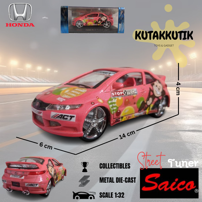 Mainan Miniatur Saico Diecast Mobil Balap Sedan Honda Civic Type R Pink Motul Skala 1:32
