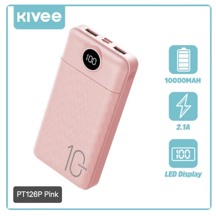 KIVEE Power Bank 10000mAh Fast Charging Dual USB Port 2.1A PT126P Pink