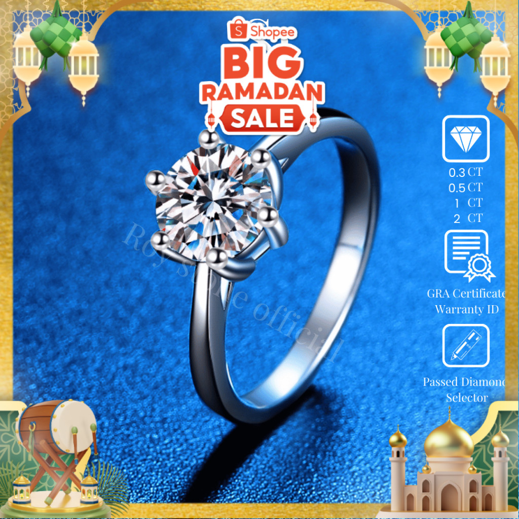 RoyStone - Cincin Wanita Moissanite Sertifikat GRA Original Lapis Emas 18K - Shine Ring