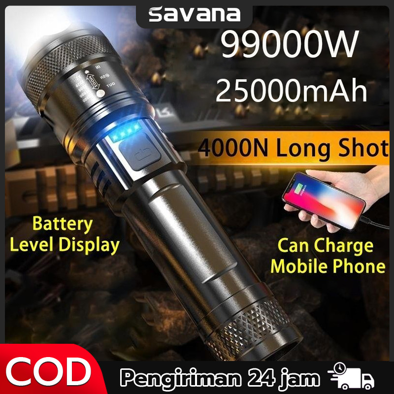 Senter LED Terang P50 99000W Lumens Jarak Jauh Ringan Tahan Air IPX4 Zoom USB Rechargeable Senter Sw