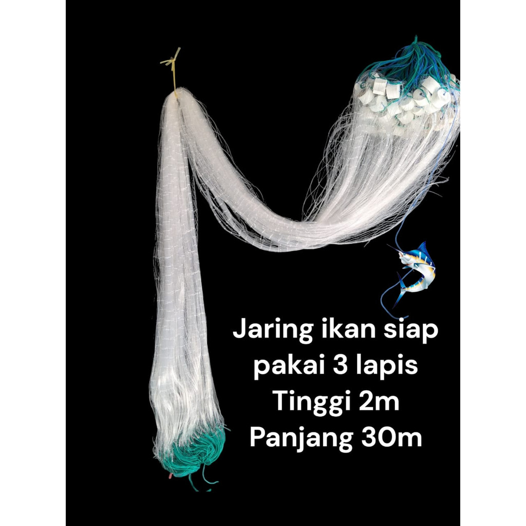 Jaring ikan siap pakai 3 lapis panjang 30m tinggi 2m jaring dalam 2in senar 0,20mm jaring luar 5in s