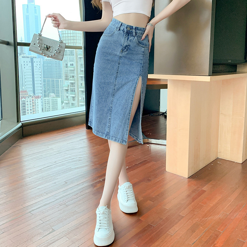Rok Denim Sisi Tipis Baru Belah Pinggang Tinggi Rok Berbentuk Rok Tipis