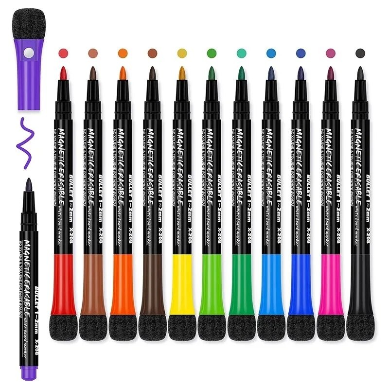 

12 Colors Band Magnetic Whiteboard Marker Children's Erasable Water-Based Marking Pen Eraser Student Drawing Pen Stationer