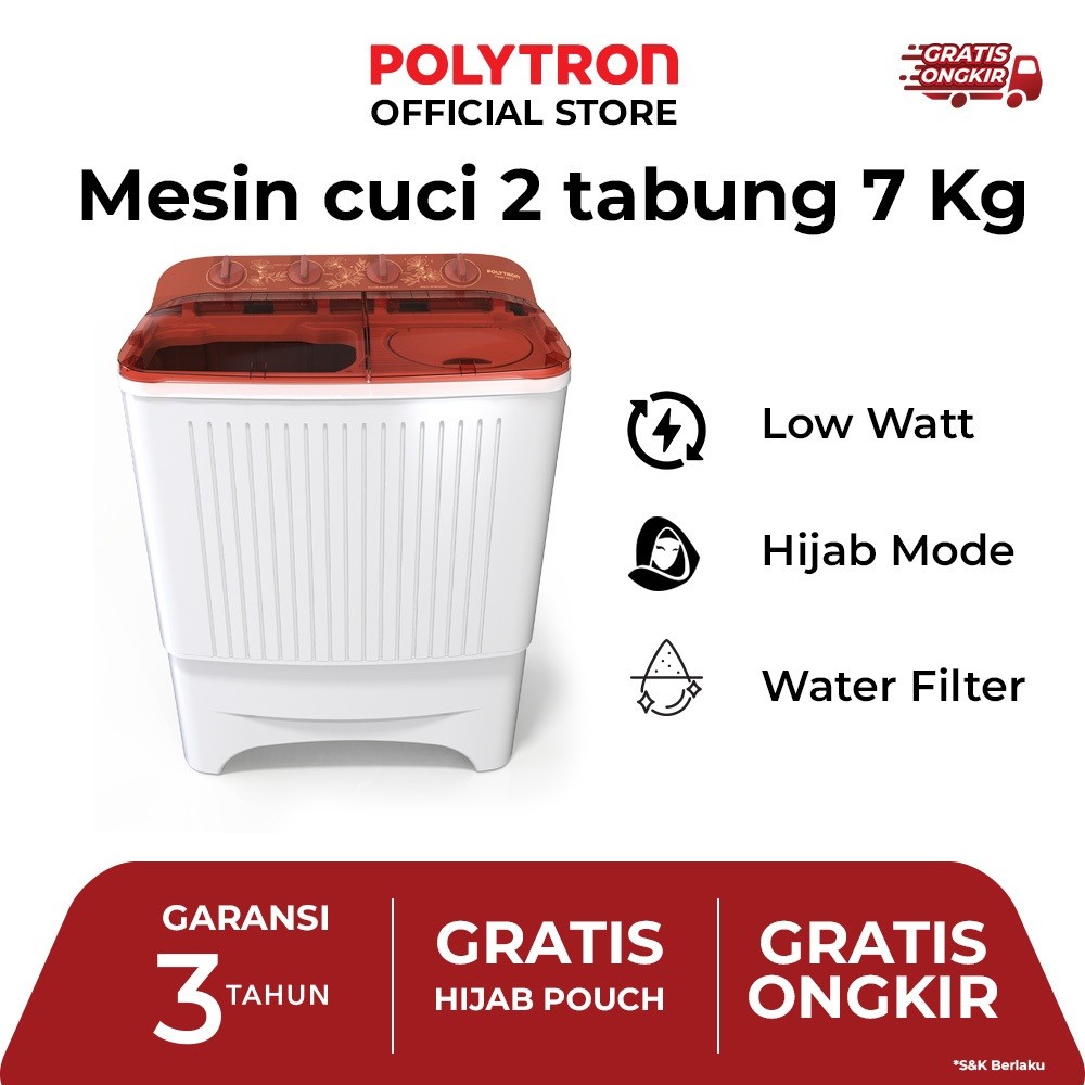 POLYTRON Mesin Cuci 2 Tabung 7kg PWM-7072N Primadona Giant