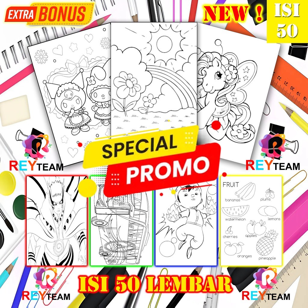 

50 Lembar kertas mewarnai anak TK/Paud/SD Baru ! Free Gift