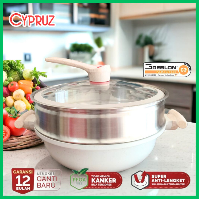 Cypruz wok pan granite diecast steamer 32 cm + Lid wajan anti lengket