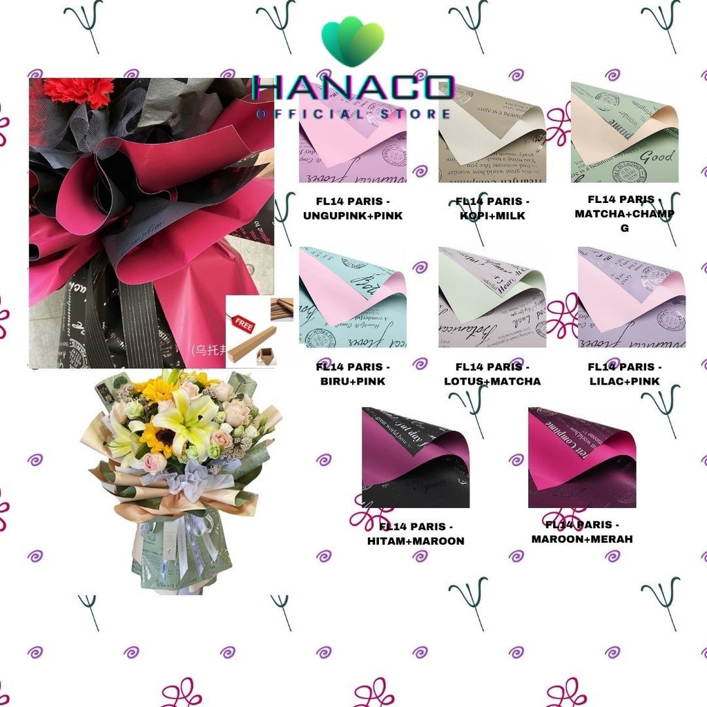 

HANACO - (5 LEMBAR) - FL14 PARIS Kertas Bunga Paper Buket Motif Tulisan Text Florist Cellophane