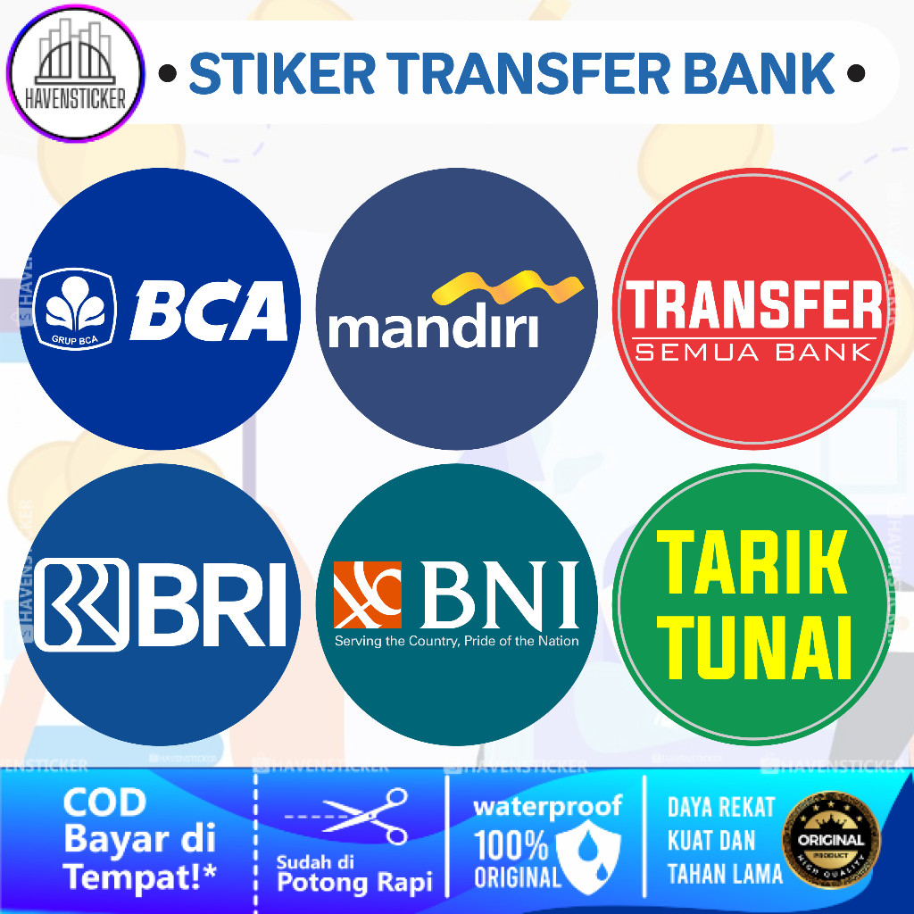 

Stiker Logo Bca Mandiri Bri Bni Transfer Tunai Tarik Tunai Laminasi Doff