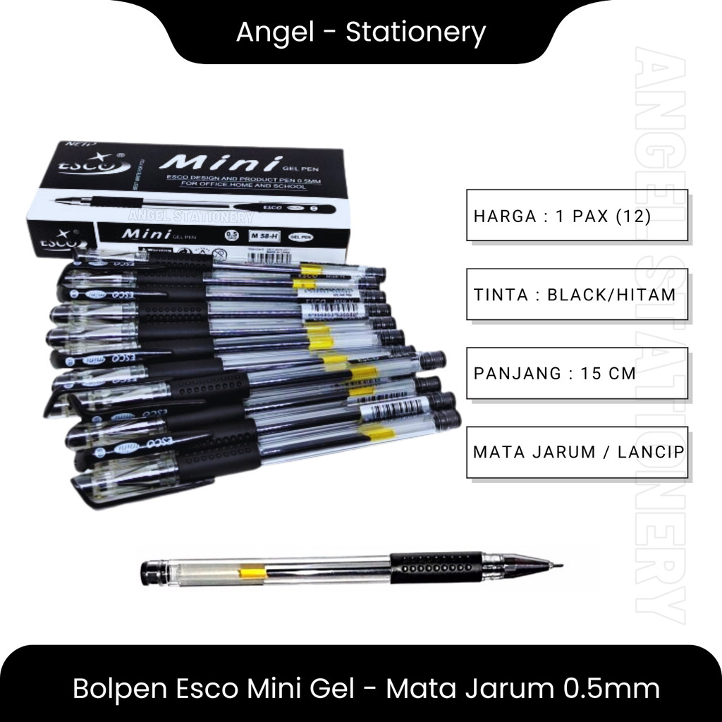 

1 LUSIN (12 pcs) Pulpen Gel / Gel Pen Esco mini 0.5mm / Alat Tulis Pena Tinta Hitam - Lembut di Tulis Waterproof Hitam Pekat - Duta Gemilang