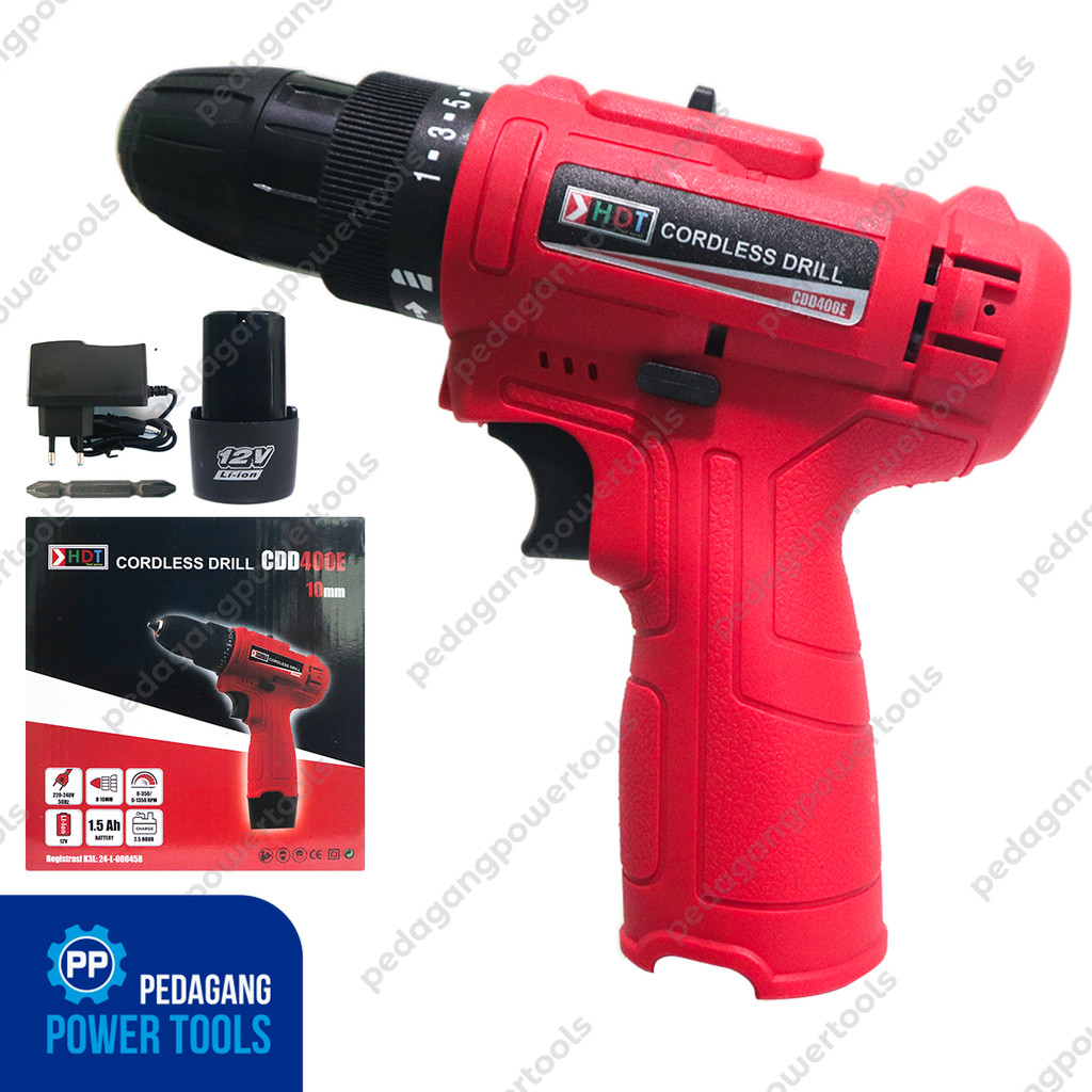 HDT CDD400E Cordless Drill 1 Baterai 12V Mesin Bor Tangan Cas Listrik Besi Kayu Obeng Murah