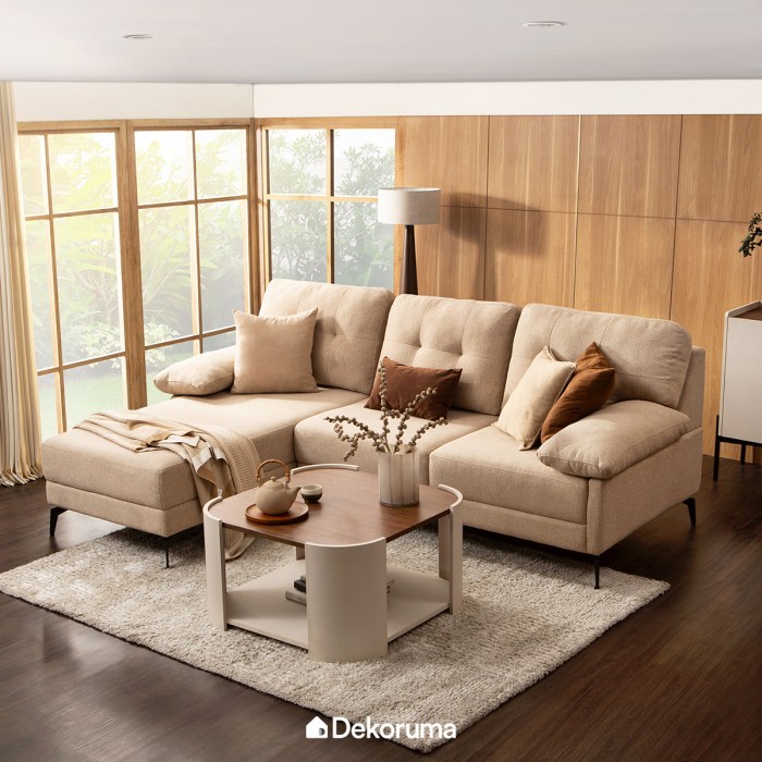 Dekoruma NATA Sofa Sudut L Kanan Minimalis 3 Dudukan Kain - Cokelat