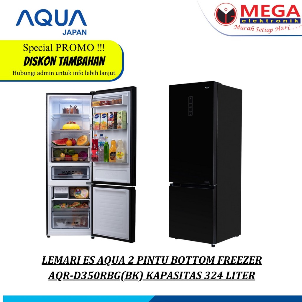 LEMARI ES AQUA 2 PINTU BOTTOM FREEZER AQR-D350RBG KAPASITAS 324 LITER
