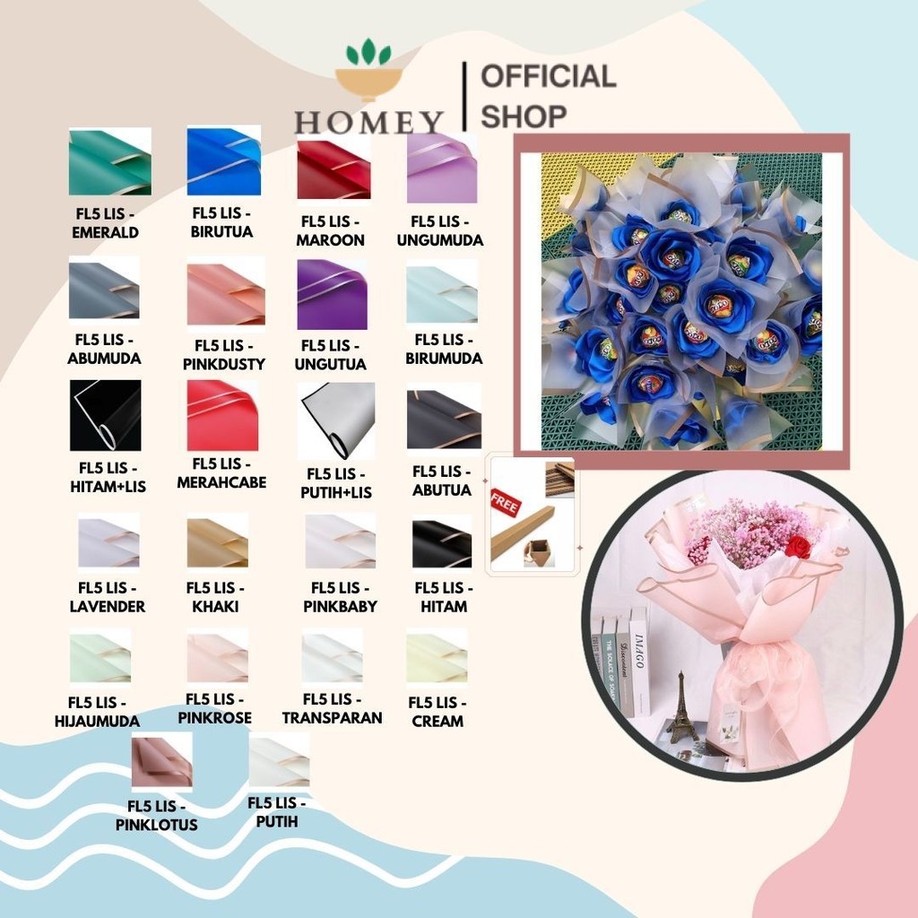 

HOMEY - FL5 LIS 5Lembar-Kertas Bunga Buket Transparan List Emas/Kertas Buket Bunga Florist Cellophane