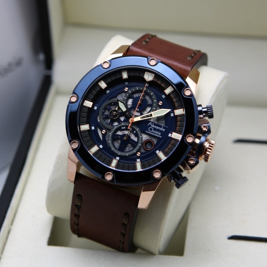 ORIGINAL Jam Tangan Pria Alexandre Christie AC 6564 / 6564 Garansi 1 Tahun - Tali Kulit-Rubber-Ranta