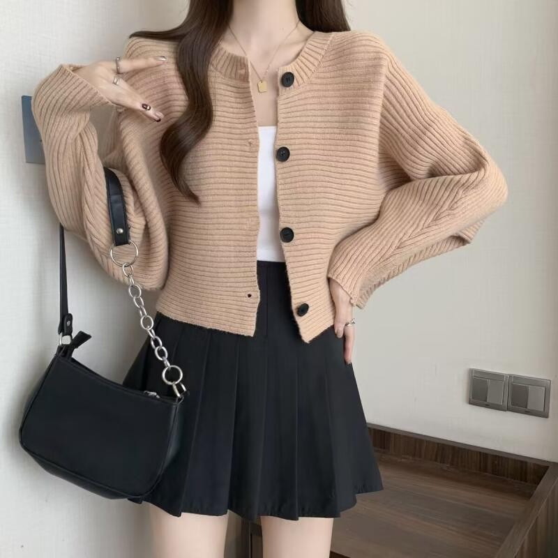 Sweter pendek wanita kardigan sweter gaya Korea atasan rajutan lengan panjang retro