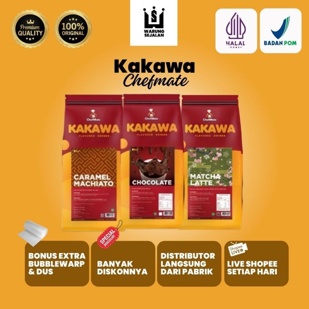 

Bubuk Minuman Cafe KAKAWA Chefmate Drink rasa Chocolate, Matcha Latte, Caramel Macchiato 500 gr