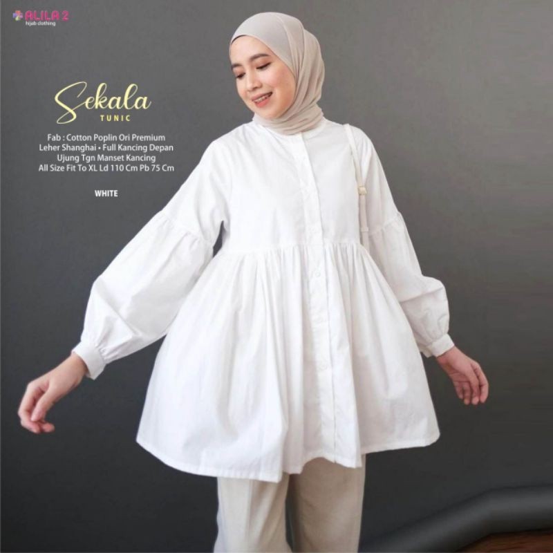 Terbaru Sekala Tunik Cotton Poplin Premium By Alila-Tunik Warna Putih Katun Premium Jumbo LD 110 Bus