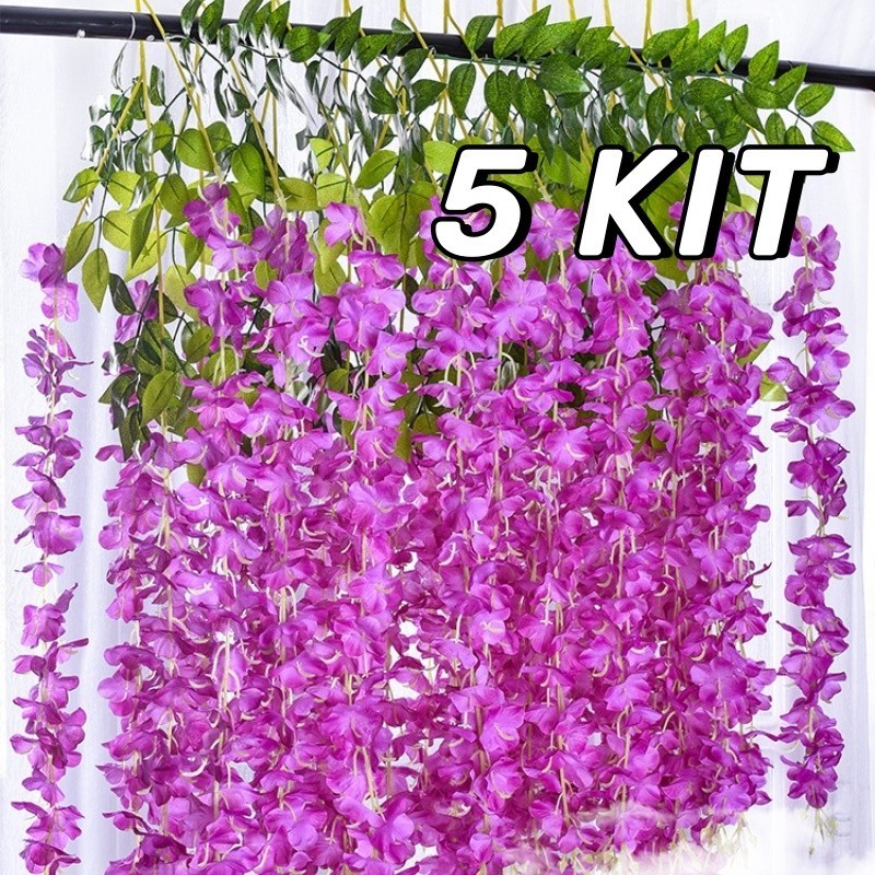 5 Kit Wisteria Jumbo Gantung Daun Rambat Plastik- Bunga Lavender Artificial Wisteria Tanaman