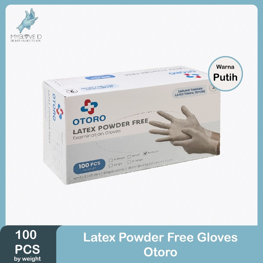 Sarung Tangan Karet Medis Latex Non Powder / Handscoon Powder Free 100 pcs merk OTORO
