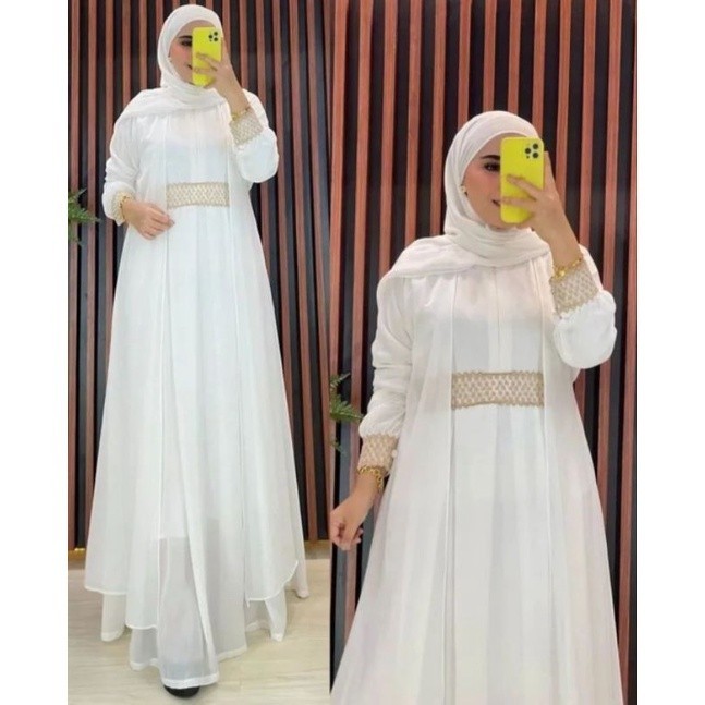 Gamis Renda Ceruty Babydoll Terbaru 2022 Salsa Dress Aksen Layer Gamis Putih Mewah / Gamis Ceruty Ju