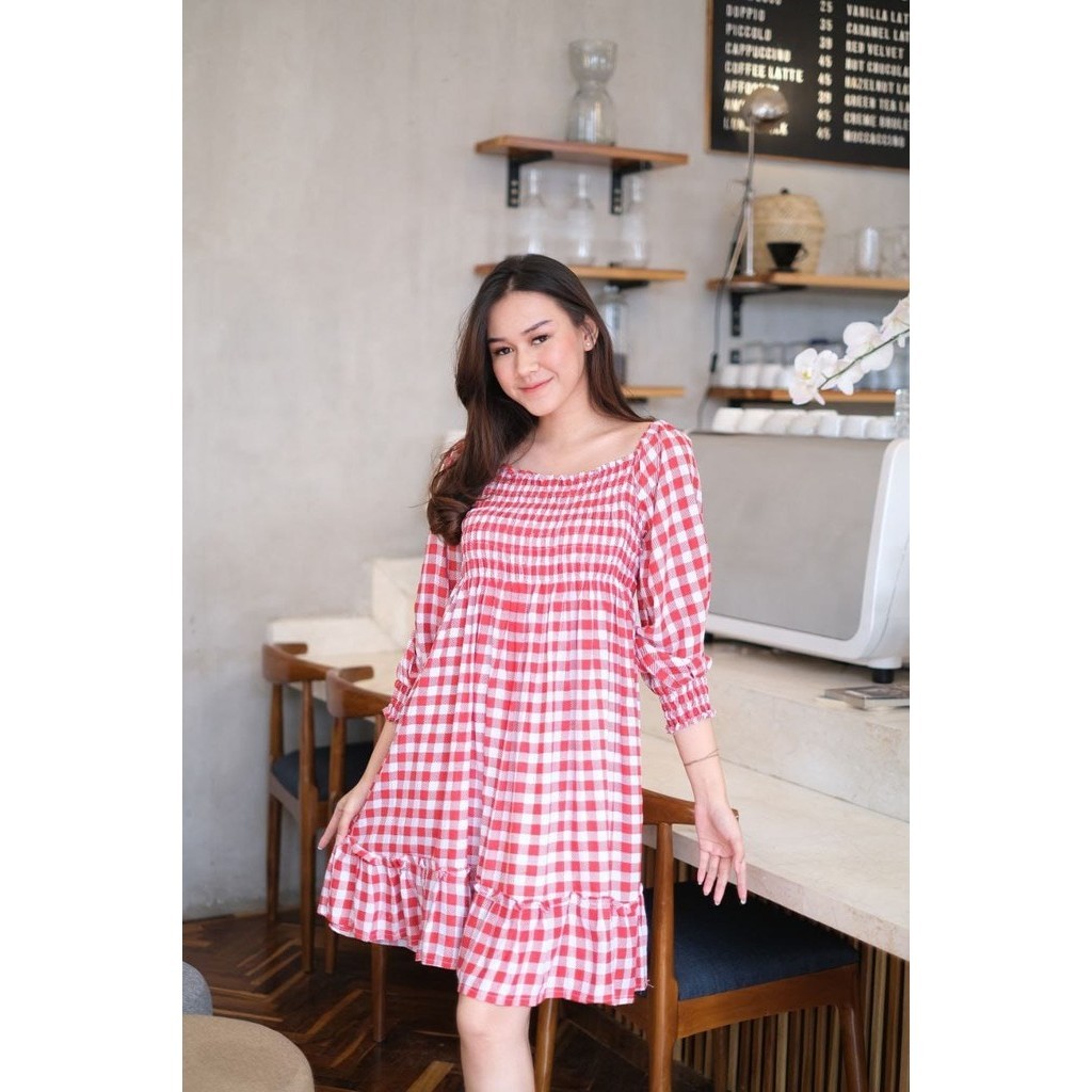 Dress Katrina | Gaun Mini Lengan Panjang Full Serut Bagian Dada