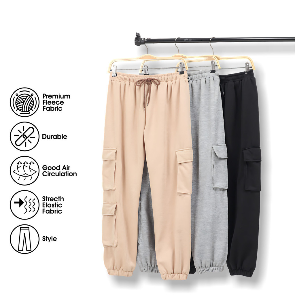 Joger Twice Pants Celana Wanita Korean Style Fleece Jogger Multipocket Wanita Celana Multipocket Wan