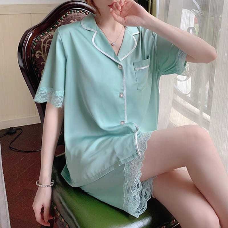 Baju Tidur Piyama Wanita Gaya Korea / Set Piyama Satin Premium Renda Polos Lengan Pendek & Lengan Pa