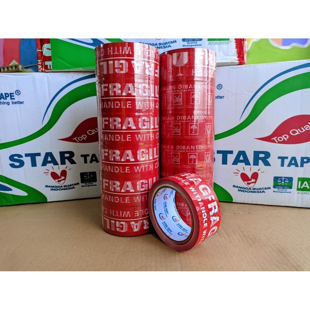 

Lakban Fragile Merah 48mm x 90Yard 1Karton 72Pcs, Lakban Fragile Merah OPP Lengket Kuat