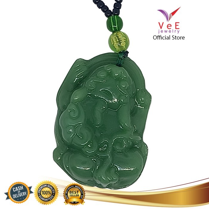 Kalung Liontin Batu Giok Asli Cina Naga Pixiu Hijau - VeE Feng Shui - Hijau Tua