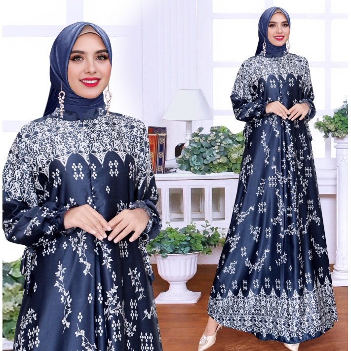 Gamis Sutra Import // Gamis Motif Tearu // Gamis Silk - Hitam, M