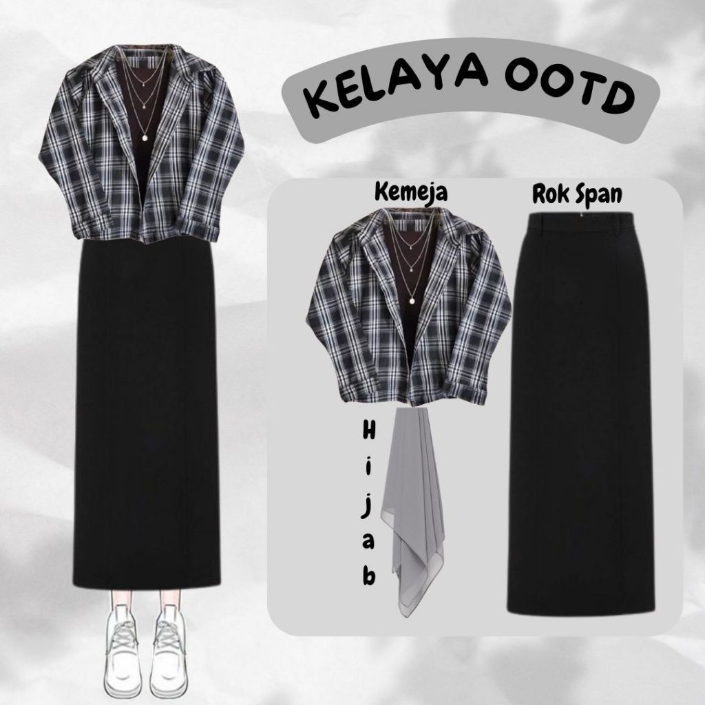 ABI___(( Kelaya OOTD | Outfit Set ( Kemeja Tartan + Rok Span + Hijab ) | One Style Korean Hijab