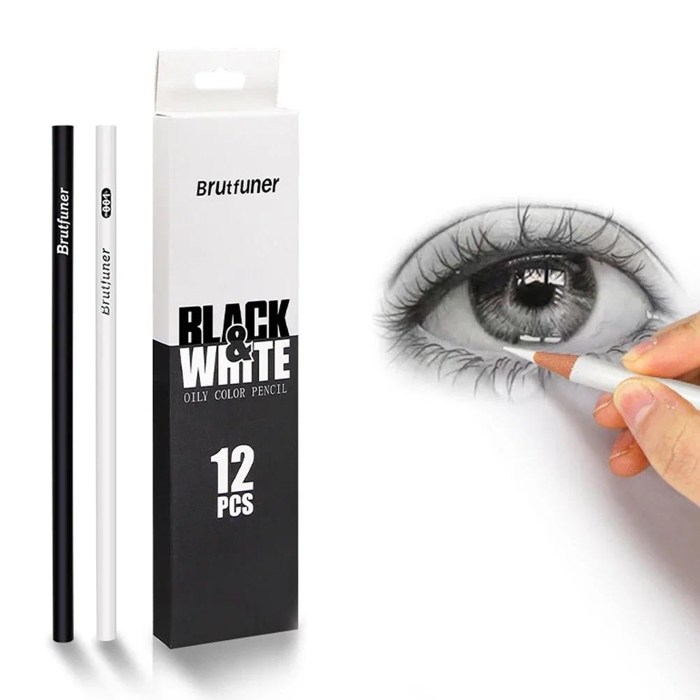 

12pcs/Set Black White Color Oil Based Pencil Drawing Sketching Artist Pencils Art Learning Painting School Stationery Supplies