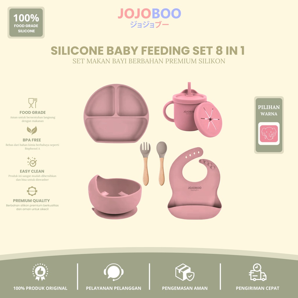 JOJOBOO - 8 in 1 Peralatan Makan Bayi Miracle Pink Set Silicon Suction FoodGrade Baby Feeding