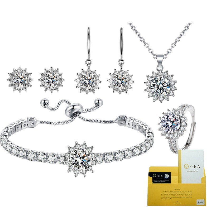 (With Gra Certificate) Set Perhiasan Kalung Gelang Anting Cincin Berlian Moissanite Bertatahkan Bung
