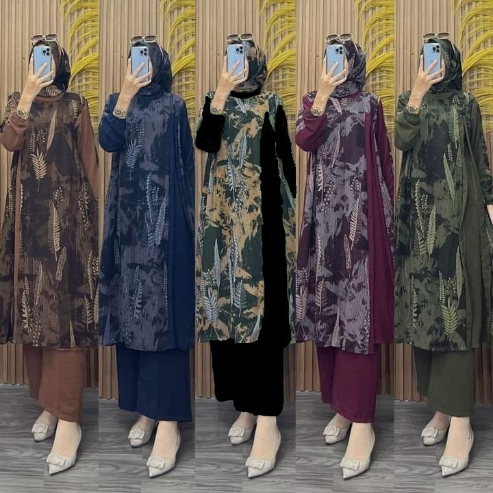 Set Hijab Tunik Panjang Ceruty Marisa 3 IN 1 Wanita Viral Setelan Dress Kulot Jumbo Terbaru Set OOTD