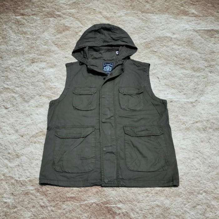 vest hoodie UP RENOMA hijau army rompi murah pria multi pocket size M