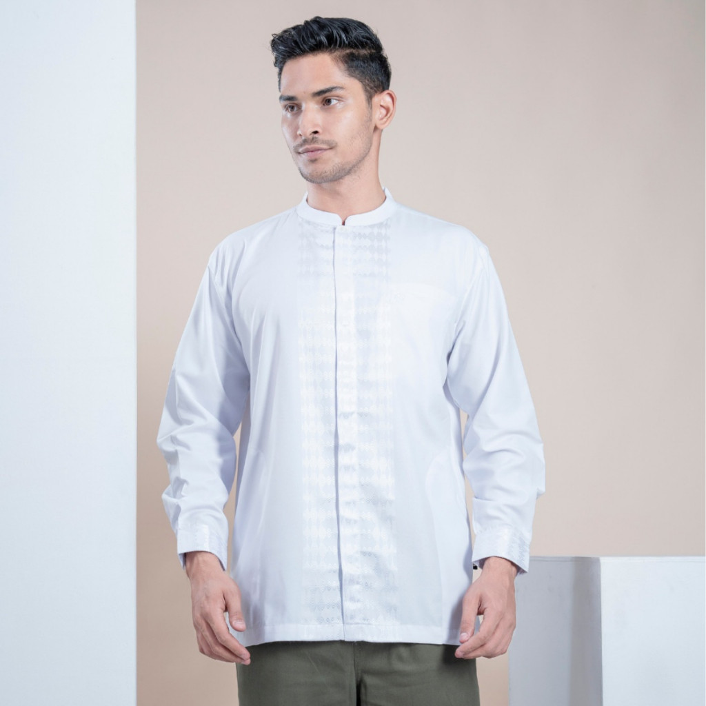 Muslimadani Baju Koko Dewasa SYAREEF Kemko Lengan Panjang Baju Koko Putih Promo Idul Adha