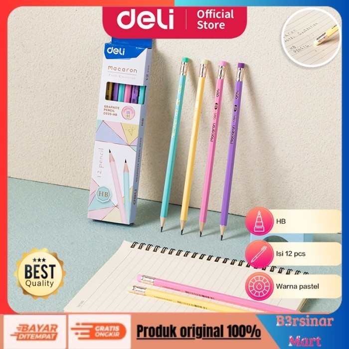 

[[KUALITAS TERBAIK]] Deli Graphite Pencil / Pensil Kayu HB 12pcs Pastel Penghapus EC025HB COD